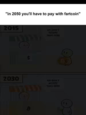 The image is a meme-style graphic. The top of the image has text overlayed that reads "in 2050 you'll have to pay with fartcoin". The main graphic shows a timeline with two frames, 2015 and 2030. In the 2015 frame, a stick figure is handing USD cash to a person. Beside the person is a sign that says "we don't accept that here". The 2030 frame has the same setup, but with Bitcoin instead of USD.