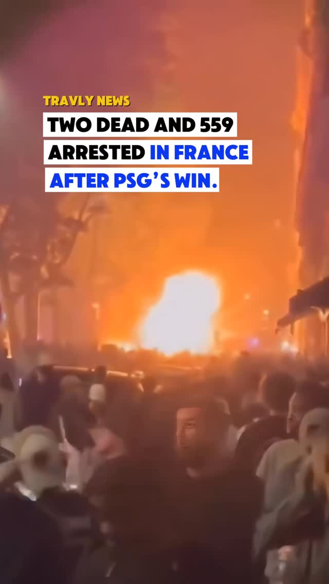 The cover image shows a crowd of people with a large fire in the background, likely from a celebration. Text overlays indicate violence or unrest.