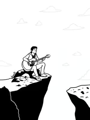 A simple line drawing depicts a person sitting on the edge of a cliff playing a guitar. The person is in black and white, with a small amount of detail, and the background features a sky with some clouds. The scene is minimalistic but effectively conveys a mood of contemplation or artistic performance.