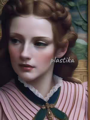 The cover image is a digitally altered portrait of a woman. The image has a vintage aesthetic, with soft lighting and a muted color palette. The woman is positioned facing slightly towards the left, with her gaze directed downwards with red cheeks and rosy lips. She is wearing a pink dress and a dark green and gold decorative piece. The background is softly blurred and appears to be of a painting setting.