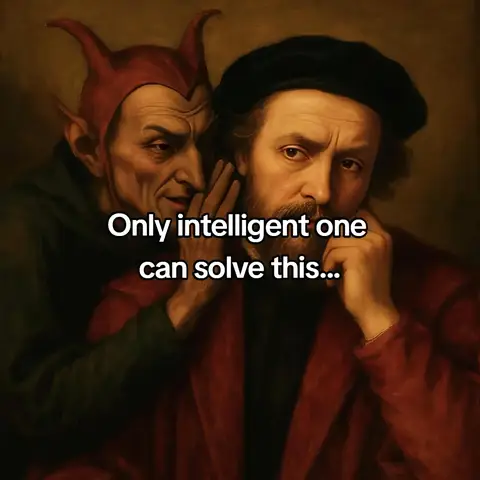 An artistic painting depicting an older man with a beard looking concerned as a red devil figure whispers into his ear. Text overlayed in white at the bottom reads: “Only intelligent one can solve this...”. The painting has a muted color palette of browns, reds, and blacks.