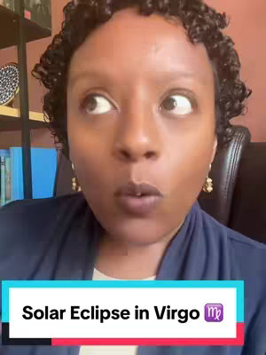 A close-up shot of a person with dark skin looking off to the side with an expression of surprise or interest. A colorful text overlay at the bottom of the frame announces title of 'Solar Eclipse In Virgo' and a virgo sign, purple color in the right of the title.