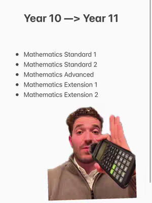 A man is holding a calculator and gesturing with his right hand, with a list of mathematics options for year 11 and 12 displayed in the background.