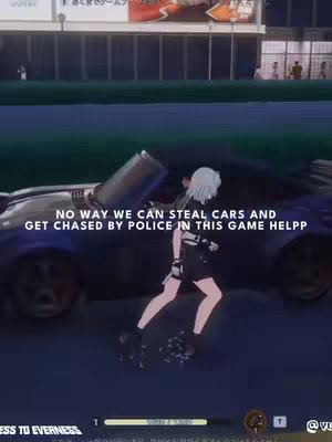 The cover image depicts a scene from a video game. A character, styled as an anime girl with short white hair, is running from a dark-colored vehicle with its door open. Text overlays the image, mentioning police and car theft. The background shows a city street and buildings. The overall composition uses a dark and moody color palette.
