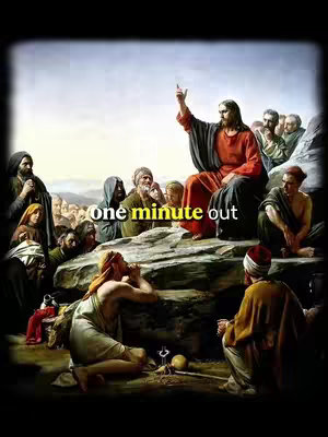 An artistic depiction featuring a central seated figure, presumably Jesus, addressing a crowd. The scene is set outdoors, with a sky background and figures gathered around, creating a sense of religious gathering or sermon. The color palette leans towards muted tones, adding a classical feel.