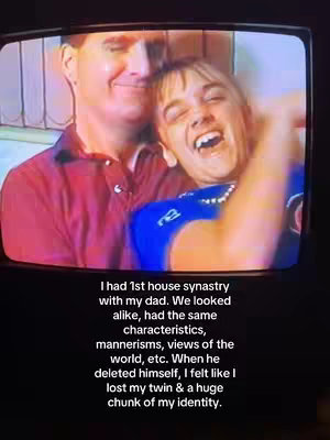 A video recording displayed on a retro TV screen shows two people embracing. The person on the left, a man wearing a red shirt, is smiling. The person on the right, someone with blonde hair and a blue shirt, is laughing and has their arm over their head. In the bottom third, white text fills the screen. The text shares a reflection on a father-child relationship and how the creator felt after a loss.