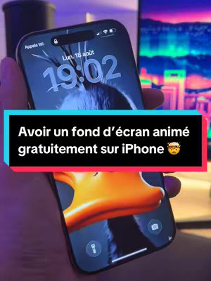 An iPhone is held at a slightly upward angle, displaying a lock screen with a deer image and a time stamp reading 19:02. A second iPhone is positioned beneath it, showing a screen featuring the same duck image as the lock screen. A text overlay in a red frame states in French, "Avoir un fond d'écran animé gratuitement sur iPhone." The composition suggests a demonstration of live wallpaper customization.