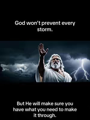 An image featuring a digitally illustrated figure of a man with long white hair and beard, wearing a white robe, with one hand raised. Storm clouds and lightning fill the background. The top portion of the image has text. The bottom portion of the image also has text.