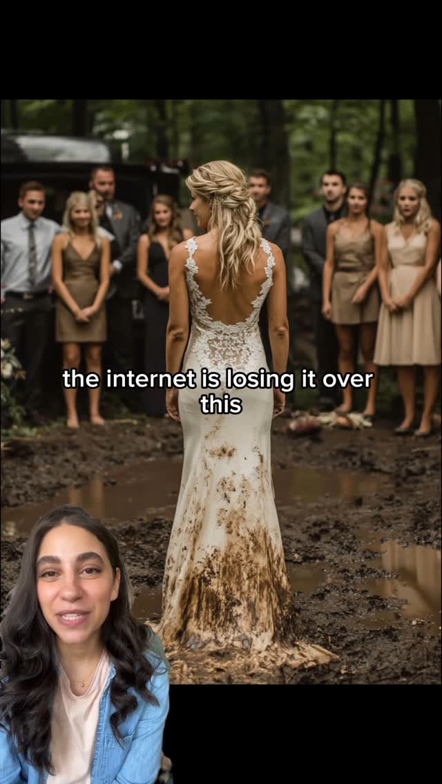 The cover image shows a woman in a wedding dress, her back to the camera, in a muddy setting with a forest in the background where her bridal party is standing. A woman is also present in the foreground offering commentary.