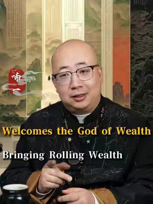 A bald man in glasses is centered in front of a background consisting of a tapestry of columns. The man is wearing a black blazer over a black shirt. The hook text, in yellow, is overlaid over the man and reads: "Welcomes the God of Wealth" above "Bringing Rolling Wealth."
