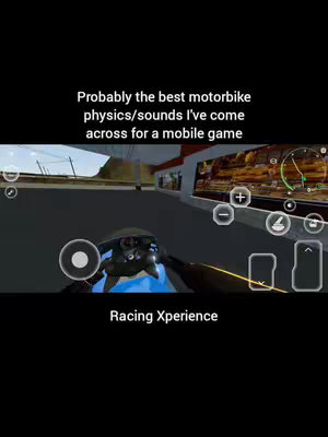 The video shows a first-person view of a motorbike game, likely on a mobile device. The game's interface is visible, with on-screen controls. The text overlay is positioned in the upper half of the image. The background shows a street view or road environment, suggesting an open-world game setting.