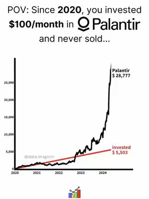 A graph showing the investment growth of Palantir stock from 2020 to 2024. The graph's y-axis represents the stock value, and the x-axis represents the years. The text overlay shows investment details.