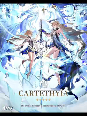 The cover image is a vibrant illustration with a futuristic aesthetic, featuring two female figures as the central focus. They are positioned centrally, each surrounded by dynamic, flowing blue and white energy that appears to suggest magical or technological power. The figure on the right is larger and more detailed, wearing a flowing dress-like garment with elaborate patterns, while the smaller figure on the left has a more streamlined outfit. Both figures have long hair that flows and seems to blend with the energy swirls. The color palette is predominantly cool, with shades of blue, white, and hints of gold, adding to the image's ethereal quality. In the center, between the figures, is an intricate, stylized sword design that serves as a focal point. At the bottom center is the word "CARTETHYIA" in a stylized font, and below that, the text "The truth is a beacon in the maelstrom of my life."
