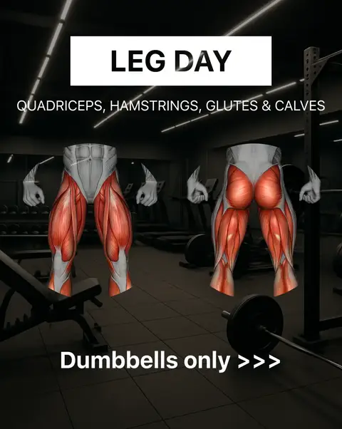 The image depicts a workout-related graphic. The layout presents a dark gym setting with the words 'LEG DAY' in a white rectangular box at the top, followed by  'QUADRICEPS, HAMSTRINGS, GLUTES & CALVES'. Two anatomically detailed illustrations of legs showcasing muscle groups are positioned center. Below, 'Dumbbells only >>>' is written. The background suggests a gym with dark equipment.