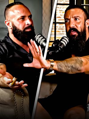 The cover image is a split screen featuring two sides of a man, likely the speaker. The left side shows him sitting, holding a cigar and making a gesture with his left hand. He's wearing an open black shirt. The right side presents him with a different angle, using a microphone, and is also interacting with the left hand to give a presentation. The background appears to be a studio setting with subtle lighting and design elements, adding depth to overall composition. Both figures appear to be speaking or emphasizing a point, the overall aesthetic communicates confidence and motivational vibe.