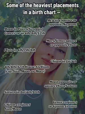 A selfie-style image with a woman with blonde hair as the central focus. Text overlays are added to the image, which include astrological insights on birth chart placements. She is smiling and sitting in front of a blurred tree background.