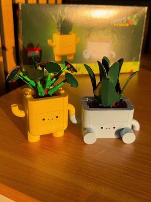 A photo of two Lego plant sets displayed on a wooden surface. The set on the left is yellow with green plant pieces, and a smiling face. The set on the right is white with green plant pieces. Behind them is a Lego box.