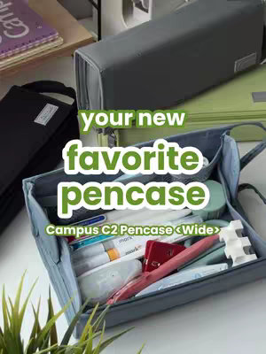 The cover image shows a light blue pencil case open, filled with various stationery items. The pencil case is positioned inside a light green container, and on the top right sides you can see some other pencil cases. The text overlay states "your new favorite pencase".