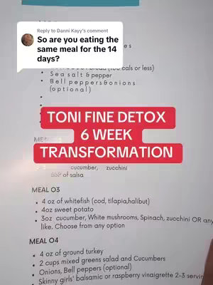 The cover image is a screenshot of a document, likely a meal plan. In the background is a comment from "Danni Kayy," and partially legible menu items. Overlaid are text boxes highlighting "TONI FINE DETOX" and "6 WEEK TRANSFORMATION."