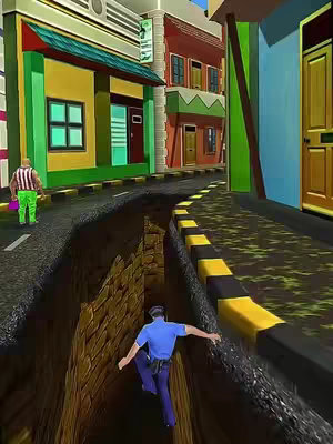 A 3D rendering of a street scene from a video game. A crack runs down the middle of the street. A police officer in a blue uniform is shown jumping across the crack. In the background, there are buildings in various colors, and what appears to be a pedestrian with a bag is standing on the crosswalk.