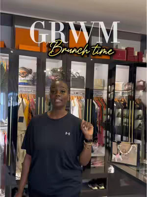 A woman stands in front of a closet filled with clothes and accessories. Text overlays say "GRWM" and "Brunch time". The woman is wearing a black shirt.