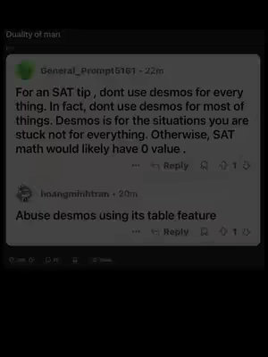 The image features a screenshot of a Twitter-like post discussing SAT math preparation. The background is a plain, faded gray, and the focus is on a white box containing text. The text is organized into two main sections by different users. The first user offers a tip regarding the use of Desmos, a graphing calculator, and the second user suggests a specific way to use it. The overall composition is simple and text-driven.