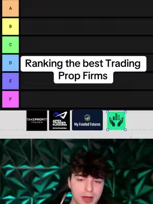 The cover image displays a tier list format with ranking labels (A-F) and the text overlay "Ranking the best Trading Prop Firms" at a central position. Below, logos of prop trading firms are displayed, with the creator's face at the bottom half of the image.