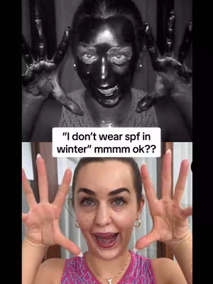 The cover image is divided into two vertically stacked sections. The top section showcases an individual with a black substance covering their face and hands, their hands raised, and the background is dark. Text in a white rectangular box states, "I don't wear spf in winter". The bottom section presents a person with fair skin, pink lipstick, and an open mouth, displaying their teeth and hands in a similar pose to the top image, but without any black substance. The background of the bottom section is lighter, suggesting it is indoors.