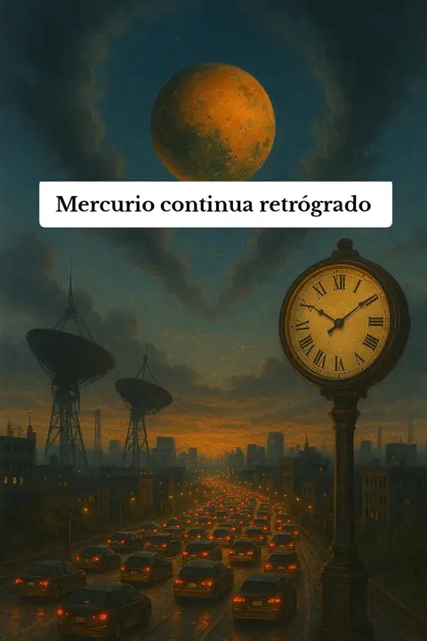 The image depicts a surreal cityscape at dusk, conveying an atmosphere of introspection and astrological symbolism. Dominating the upper portion is a large, reddish-orange planet, resembling a celestial body like Mars or the Moon. Below, the scene unfolds with a high-angle perspective of a road filled with illuminated cars, suggesting traffic congestion. A prominent clock tower, reminiscent of vintage city decor, stands at the right, adding a sense of time and historical depth. The background includes silhouetted buildings and architectural elements like satellite dishes, offering a sense of urban modernity. The overall composition is enhanced by a moody, twilight color palette, heightening the dramatic and evocative presentation.