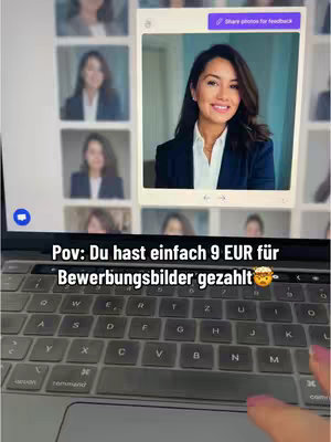 The cover image shows a laptop with its keyboard in focus. A hand with pink nail polish is visible in the foreground, interacting with the keyboard, with the user looking at the screen. The laptop screen displays multiple portrait images of a woman, who appears to be in her 20s, wearing a blazer and smiling. Above the photos is text overlaid to the image. Overall, the image suggests a video about professional headshots or job applications.