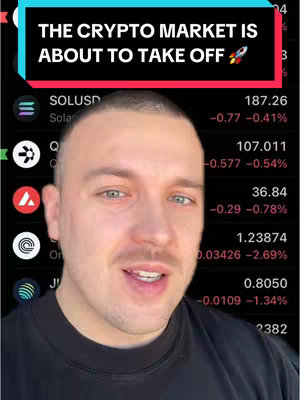 A man with a shaved head is centered in the frame, set against a backdrop of cryptocurrency prices and data. Above him, a banner proclaims 'THE CRYPTO MARKET IS ABOUT TO TAKE OFF,' accompanied by a rocket ship emoji.