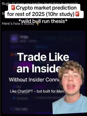 The cover image is a vertical screenshot, with a light-skinned young man with short, curly brown hair in the bottom right corner looking at the viewer and speaking. He is wearing a light blue Polo shirt. Behind him is a screen that displays the text "Trade Like an Inside, Without Insider Connection, Like ChatGPT - but built for Mem" in large fonts on a dark purple background. There are light-colored horizontal and vertical graphic elements that likely indicate graphs or data visualizations. Above the screen, there's a text overlay containing white text inside a black rectangle with a red icon, and around it, there's additional text with symbols, highlighting "Crypto market prediction for rest of 2025 (10hr study)" The overall composition appears to be designed to grab attention with its combination of human expression and data presentation.