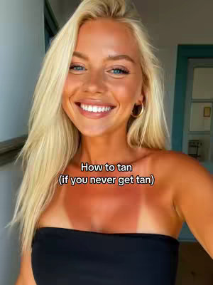 A woman with blonde hair is smiling at the camera. She has a tan and visible tan lines. Text overlayed reads, "How to tan", with additional text "(if you never get tan)".