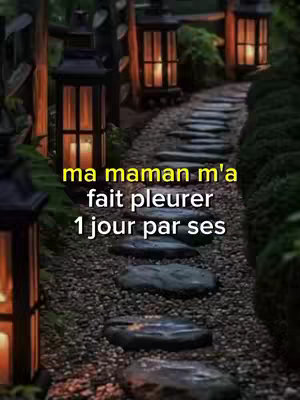 A vertical shot depicts a stone pathway winding through a garden or outdoor setting at nighttime. The path is lined with dark, ornate lanterns that emit a warm, inviting glow and are framed by dark greenery. The stone path is made up of irregular, dark stones set into a bed of gravel. The sky is not visible, suggesting an enclosed garden or area.