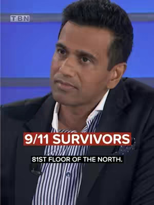 A man in a black blazer and striped shirt is interviewed against a blue backdrop. Text overlays indicate the topic of the video is about 9/11 survivors.