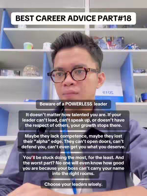 A man with glasses is centered in the cover image. The top of the image reads "Best Career Advice Part #18". Below the image, overlaid text discusses the importance of a good leader.