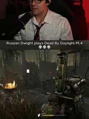 The image features a split screen: the top shows a man in a white shirt, tie, and glasses, presumably the content creator; below is a screenshot of the game Dead by Daylight, a horror game. The color palette is dark and moody, with the game environment showing a murky, wooded area.
