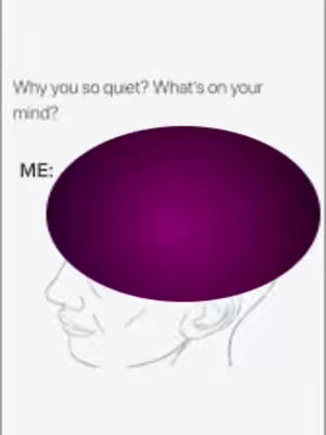 An illustration with a white background. The illustration features a side profile of a human head with a large purple oval covering the brain area. Above the head, the text reads "Why you so quiet? What's on your mind?". Beneath the head, the text reads "ME:".