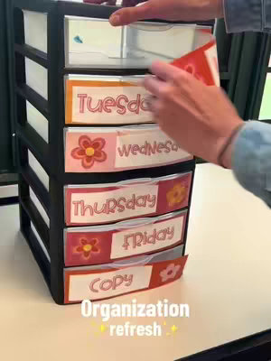 A person is shown organizing a six-drawer black organizer with labels for the days of the week, flowers, and the word "Copy". Their hands are interacting with the drawers.