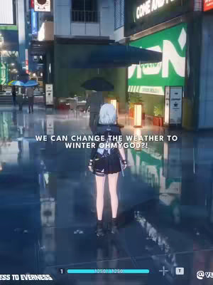 The cover image features a female anime-style character standing on a city street that is rendered with a bluish-gray/cool color scheme. The character has white hair and is wearing a dark outfit. Text overlay on the image says: "WE CAN CHANGE THE WEATHER TO WINTER OHMYGOD?!". Background elements include buildings, signs, and people with umbrellas, suggesting a street scene.