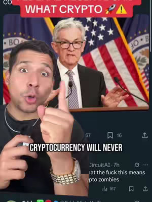 A man with a surprised expression points up, overlayed on an image of Jerome Powell speaking. Text overlay reads "FEDERAL RESERVE SAID WHAT CRYPTO..." at the top and "CRYPTOCURRENCY WILL NEVER" at the bottom. A second image of a Twitter feed is at the bottom of the frame.