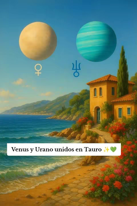 A serene, digital painting of a coastal scene. Two planet-like spheres, one gold and one teal with swirling patterns, float against a bright blue sky and two astrological symbols. Below, a vibrant landscape unfolds with a golden beach, turquoise water, and lush green hills. A row of quaint, yellow buildings with red-tiled roofs, and flowering bushes add warmth to the scene.