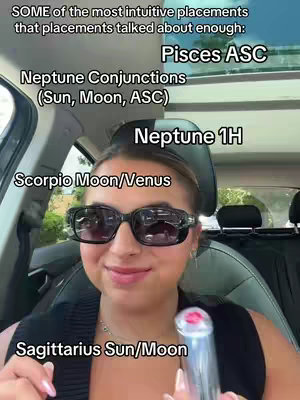 The cover image is a selfie taken from inside a car. The main subject is a person wearing sunglasses and holding a lipstick tube. Text overlays list astrological signs and placements.