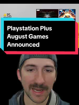 The cover image features a man in a baseball cap in the foreground. Behind him is a layered background, including a red and black text box with the words 'Playstation Plus August Games Announced'. Above this is a white backdrop with game screenshots for context.