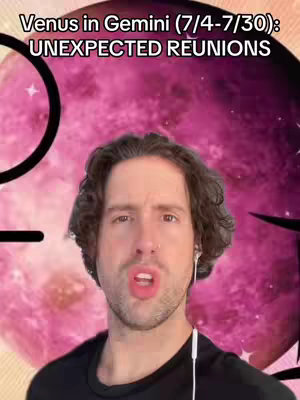 A man with short brown hair and a slight beard is in the foreground of the image, wearing a black shirt and white earbuds. He has a somewhat surprised expression and is talking. Behind him is a blurred, pink and purple background with nebulous shapes and some black star-like details. White text is overlaid at the top, in a bold sans-serif font.
