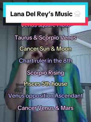 A person is posing for the camera with a list of astrological placements in text overlay, written in a colorful stacked format.