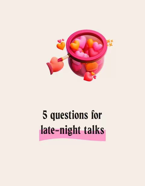 The image features a light beige background. A cartoon-style rendering of a pink heart-shaped net with a handle sits on top. Inside the net, there are multiple hearts in shades of pink and orange. Below the net, overlaid text reads '5 questions for late-night talks,' with 'late-night talks' highlighted in a pink rectangle.