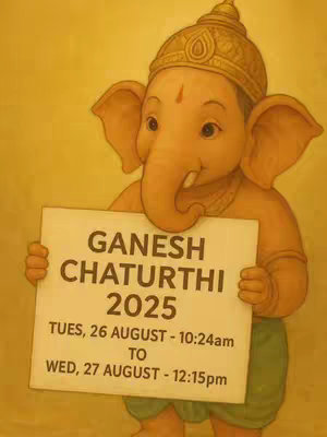 An illustrated image of a Ganesh figure holding a sign that says "GANESH CHATURTHI 2025" with the date and time details. The image is set against a yellow background.