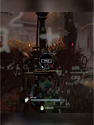 The image shows a scene from a video game. The central focus is a large, dark metallic structure with a circle at its base. Within the circle, the word \"SPACE\" is visible, suggesting a key interaction prompt. Other interactive buttons labeled \"REPAIR\" and \"CANCEL\" are also present at the bottom of the screen in a user interface. The overall color palette leans towards dark, muted tones, typical of the game's setting, with hints of a forest atmosphere in the background.