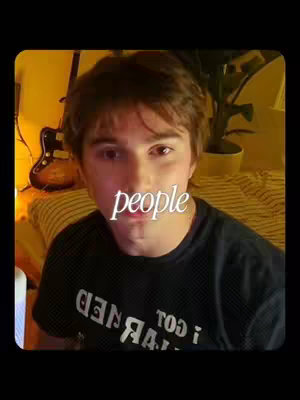The cover image shows a young man in a dark t-shirt, centered in a frame, with the word "people" overlaid on his face. Behind him, the dimly lit background reveals a bed, a plant, and a guitar. The composition suggests a personal, intimate setting.